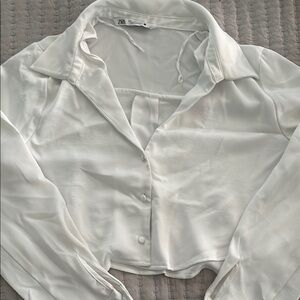 Zara White Satin Button-Up Cropped Blouse